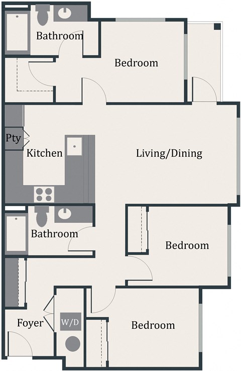 Floor plan for 3 beds, 2 baths, 1046 sqft